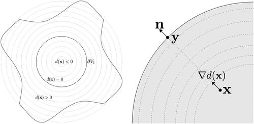 Figure 28. On the left are the isolines of d(x), on the right is an illustration of the properties of ∇d(x) for x∈V1.