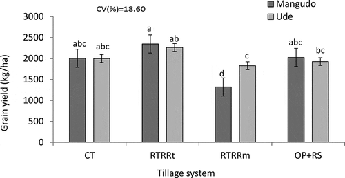 Figure 6. Interaction effects of tillage practices and variety on the grain yield of durum wheat at Alemtena, Ethiopia. Abbreviations: CT, conservation tillage (5 times pass), RTRRt: reduced tillage residue retained, RTRRm: reduced tillage residue removed, OP+RS, one plow +round up spray in 2015, 2016 and 2017 cropping season