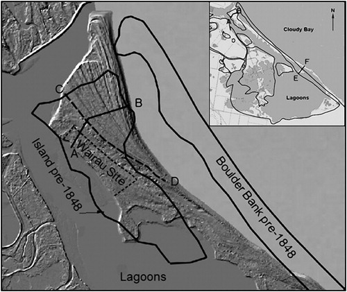Figure 2. Lidar map of the north end of the present Wairau boulder bank (courtesy Marlborough District Council) showing the Wairau site, the pre-1848 island and boulder bank (outlined by black lines), and the innermost post-1848 beach ridge (dashed line C–D). A–B is cross section shown in Figure 3 (upper profile) across site and present boulder bank. Inset shows the lagoons and boulder bank today (courtesy Custom Software). E–F is cross section shown in Figure 3 (lower profile) across the present boulder bank and island in the southeast part of the lagoon. The pre-1848 configuration is compiled from: a plot of Budge's 1844 survey field notes (Budge Field Book 9, LINZ); the Map of the Rural Sections of the Wairau Plains 1848 (Archives NZ Plan N8); and the cadastral map of the Clifford Bay Survey District 1880.