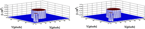 Figure 19. Horizontal section of the reconstructed β maps for the intermittent stochastic/deterministic algorithm with and without topological derivative for the noise level 24 dB.