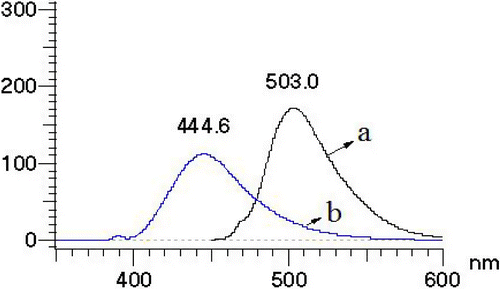 Figure S6.  (a) Emission spectra of Schiff base in DMSO. (b) Emission spectra of Cu(II) complex in DMSO.