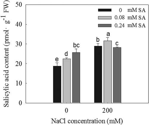 Figure 2. Salicylic acid concentration in L. bicolor seeds after two days of treatment with different concentrations of SA (0, 0.08, 0.24 mM) under 0 and 200 mM NaCl conditions. Values are means ± SD of three biological replicates (n = 3). Bars labeled with different letters are significantly different at P < .05 according to Duncan’s multiple range tests.