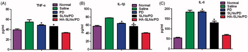Figure 7. Production of pro-inflammatory cytokines in arthritic mice treated with saline, free PD, SLNs/PD, or HA-SLNs/PD. Healthy, untreated animals served as a control (Normal). Serum levels of (A) TNF- α, (B) IL-1β, and (C) IL-6 were assayed. Data shown are mean ± SD (n = 5). *p < .05 vs animals treated with free PD or SLNs/PD. CIA, mice with collagen-induced arthritis.
