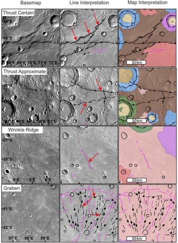 Figure 2. Examples of linework for tectonic features, showing thrust faults, both certain and approximate represented by linework embellished with triangles, wrinkle ridges represented by pink linework and graben structures represented by linework embellished with circles (examples highlighted by red arrows). The background is the BDR basemap, with 30% transparency in line interpretation. The geology map has 40% transparency.