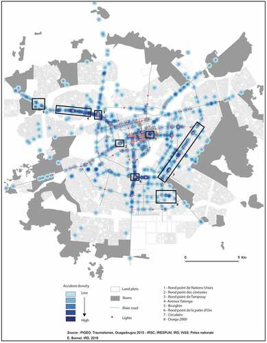 Figure 5. Map of crash ‘hot spots’ in Ouagadougou, April–June 2015.