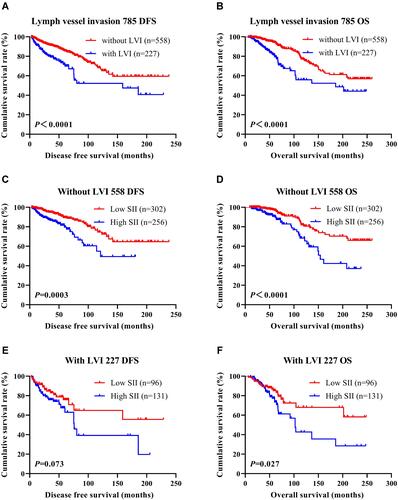 Figure 6 DFS and OS based on the presence of lymph vessel invasion in breast cancer patients. (A) DFS, as shown by Kaplan–Meier analysis based on the SII of all patients with breast cancer. (B) OS, as shown by Kaplan–Meier analysis based on the SII of all patients with breast cancer. (C) DFS, as shown by Kaplan–Meier analysis based on the SII of breast cancer patients without lymph vessel invasion. (D) OS, as shown by Kaplan–Meier analysis based on the SII of breast cancer patients without lymph vessel invasion. (E) DFS, as shown by Kaplan–Meier analysis based on the SII of breast cancer patients with lymph vessel invasion. (F) OS, as shown by Kaplan–Meier analysis based on the SII of breast cancer patients with lymph vessel invasion.