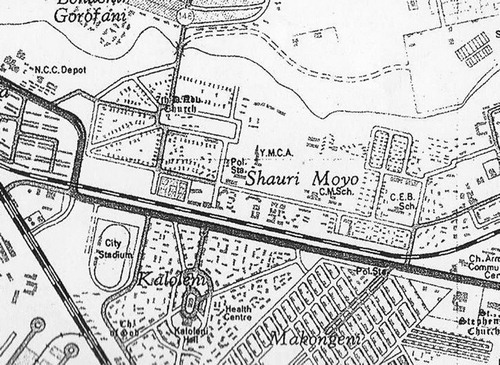 Figure 3. 1962 survey map of Nairobi (detail), showing Shauri Moyo. Source: Kenya National Archives, 921NAI.