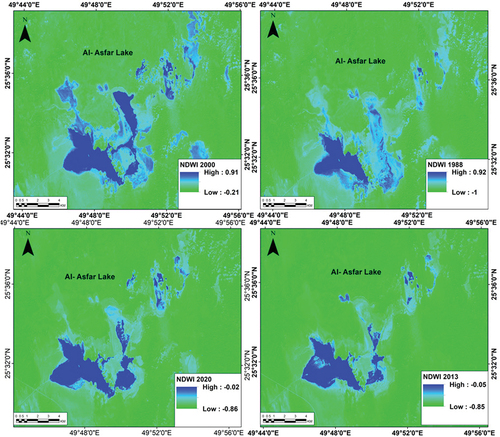Figure 6. NDWI of Landsat imagery from 1989 to 2020.