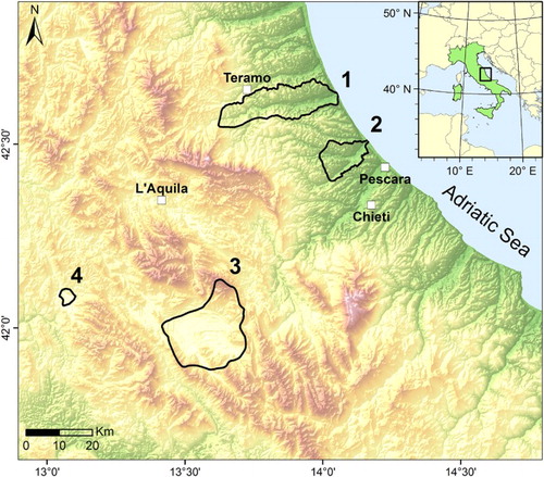 Figure 1. Location of the coastal and intramontane alluvial aquifers. (1) Vomano alluvial aquifer; (2) Saline alluvial aquifer; (3) Fucino intramontane alluvial aquifer; (4) Oricola intramontane alluvial aquifer).