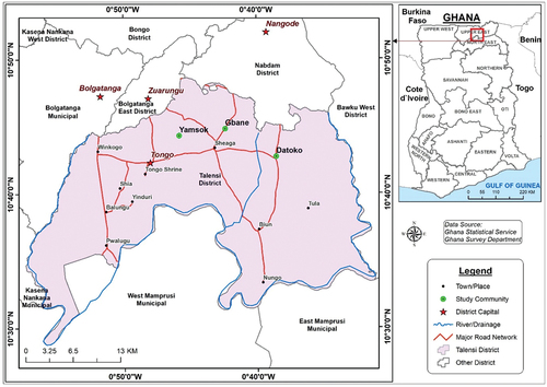 Figure 1. Map showing Dakoto, Yamsok and Gbane communities and upper east region of Ghana.