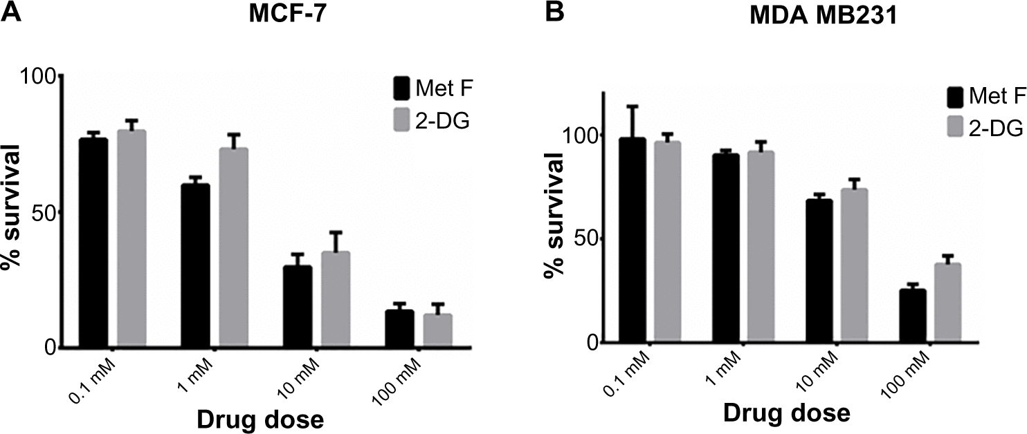 Figure S1 Cytotoxic effect of 2-DG and metformin in (A) MCF-7 and (B) MDA MB 231 breast cancer cell lines.Abbreviations: 2-DG, 2-deoxy-d-glucose; Met F, metformin.