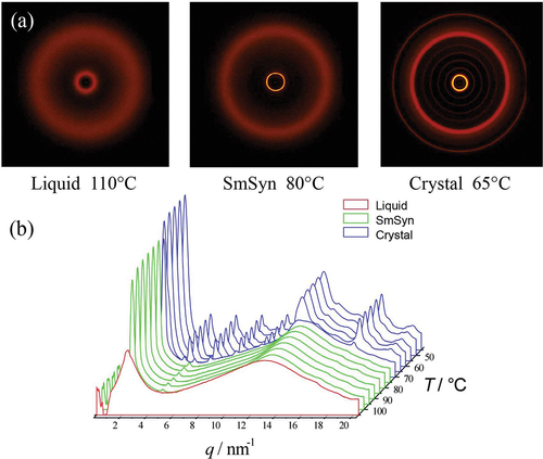 Figure 5. (Colour online) (a) 2-D powder diffraction patterns in each phase of matter, and (b) diffraction profiles as a function of temperature for bimesogen 2a3.