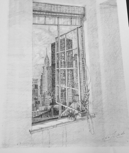 Figure 5. Photo of C S H Jhabvala’s drawing of the view of the Chrysler building, illustration from My Nine Lives Chapters of a Possible Past (published by John Murray, 2004). Image © Ruth & Cyrus Jhabvala LLC.