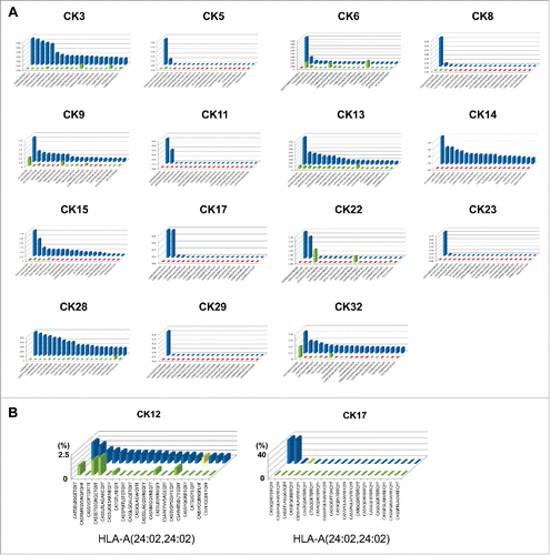 Figure 2. Cryoablation stimulated expansion of unique T cell repertoires in tumor tissues. (A) The 20 most abundant TCRB CDR3 clonotypes newly appeared or drastically increased in the tissues after cryoablation (green bars: clonotypes that were rarely present in pre- cryoablation tissues; red bars: clonotypes that were completely absent in pre-cryoablation tissues; blue bars: 20 most abundant clonotypes observed in post-cryoablation tissues). Figures are from 15 representative cases that revealed a drastic increase of oligoclonal CDR3 sequences in post-cryoablation tissues in Fig 1A. (B) One TCRB CDR3 clonotype was shared in two patients with HLA-A24:02 genotype. Yellow-color bars indicate the identical CDR3 clonotype.