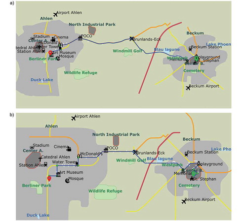 Figure 2. Route 1 a) non-schematic vs b) schematic map type at initialization (lowest zoom level). Maps size was constantly 150 × 75 mm during the experiment. Label overlaps disappeared when participants zoomed in