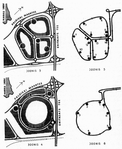 Figure 4. Original drawings for Väike-Õismäe detailed planning project, 1968. These process drawings represent alternative transportation network schemes; option 4, lower left-hand image, which configures the district as a single macrorayon, was the selected option. Source: Mart Port, Linnade Planeerimisest, permission not required.