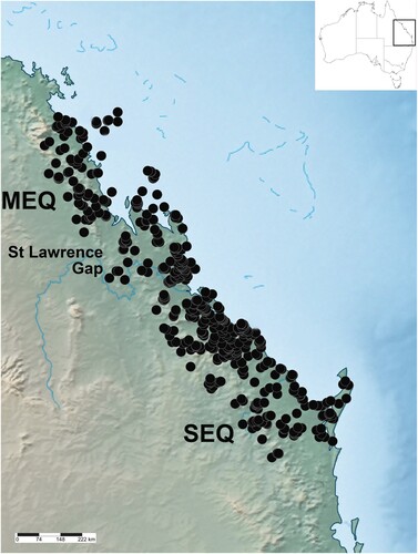 Figure 1. Current distribution of Figuladra species including candidate species in mid-eastern Queensland (MEQ) and south-eastern Queensland (SEQ).