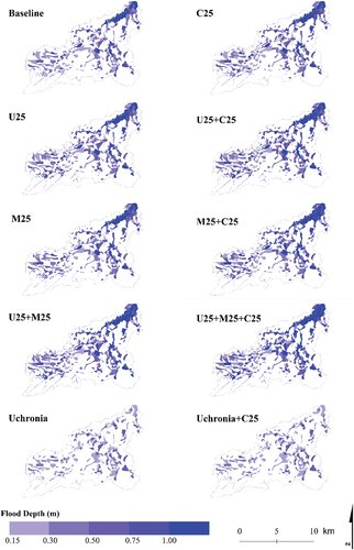 Figure 6. Flood maps obtained for each of the considered scenarios.