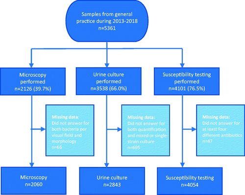 Figure 1. Attrition flow chart of urinalysis performed by use of microcopy, urine culture and susceptibility testing in general practice during 2013–2018.