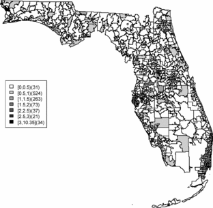 Figure 2. The estimated relative risk from the BYM model at each zip code area.