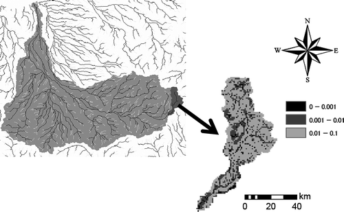 Fig. 5 Left: watershed boundary of the Flinders River basin (black line: river channel grids, grey line: rill grids, light grey area: the whole Flinders River basin, dark grey area: catchment upstream of Glendower). Right: spatial distribution of slope gradient of catchment upstream of Glendower.