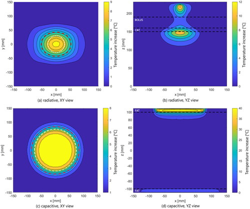 Figure 7. Contour plots of the temperature increase within a fat-muscle phantom after 6 min of heating with a single antenna radiative system (top row) and a two electrodes capacitive system (bottom row), as described in section 2.5.1. Left column: XY plan view at 1 cm depth in the muscle phantom, where the red dotted lines indicate the boundaries of the TEFS and the contours of the antenna and the top electrode are represented as white dotted lines. Right column: XZ view. Here, the boundaries between fat/muscle/bolus are shown as black dotted lines.