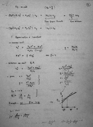 Figure 2 Two pages of calculation brought by de Gennes the day after his visit to the laboratory. He offered to us the explanation of roll instabilities in a nematic layer subject to shear flow.