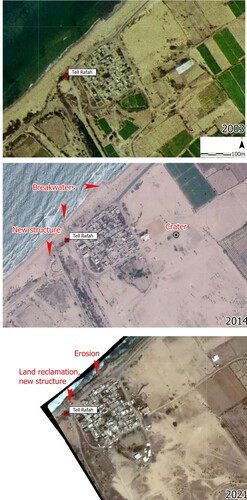 Figure 15. Landscape changes around Tell Rafah between 2003 and 2021 (produced on ArcGIS Pro using publicly available imagery from geomolg.ps).