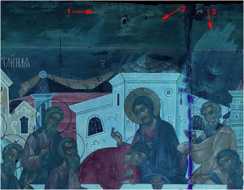 Figure 16. Detail under UV irradiation (contrast enhanced): arrow 1 indicates yellowish fluorescent islets that can be interpreted as remains of the partially removed upper layer of the olifa, arrow 2 indicates a second varnish layer that can be found on the entire surface, and a third varnish layer (arrow 3) that was applied partially. Retouching and overpainting lying above the varnish layers appear darker, as can be seen on the joint (on the right side of the photograph).