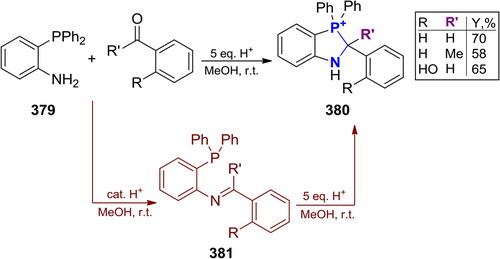 Scheme 223. Cyclocondensation of 2-Ph2P-aniline with benzaldehydes in the presence of acid.[Citation752]