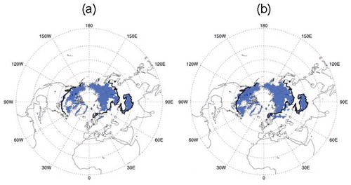 FIGURE 2. The estimated permafrost extent based on the Climatic Research Unit (CRU) data and Kudryavtsev's method. The black lines indicate the 0 °C isotherm in mean annual air temperature (MAAT) from the CRU data set during the period 1986–2005. (a) SM is a constant, (b) SM is from GLDAS.