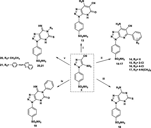 Scheme 2. Reagents and conditions: (i) CNCH2COOC2H5/3 h; (ii) Ar-CHC(CN)2/EtOH/TEA/5 h; (iii) NH2CSNH2/15 min; (iv) PhNCO/DMF/TEA/reflux 18 h; (v) CH3CH2 or Ar-NCS/DMF/TEA/reflux 5 h.