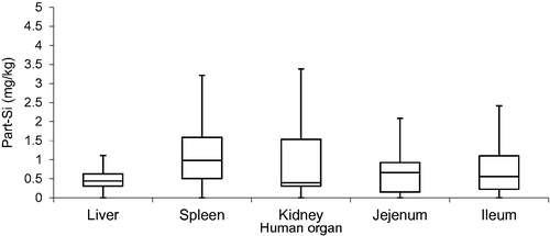 Figure 4. Box and whisker plots of the SiO2 particle concentration in human (post mortem) organs. The boxes represent the upper 25% quartile (Q3), median (Q2), and lower 25% quartile (Q1) concentrations respectively. The whiskers indicate 1.5IQR (Q3–Q1).
