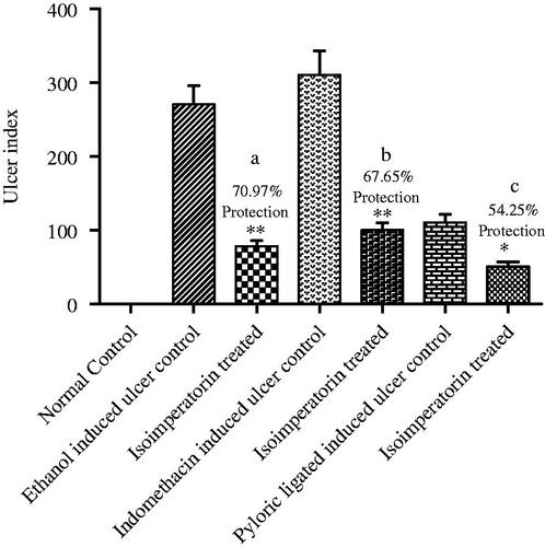 Figure 3. Effect of isoimperatorin on ulcer index for ulcers induced by ethanol, indomethacin, or pylorus ligation. Numbers indicate the % protection with respect to the control groups of different ulcer models. Bars represent the mean ± SEM of each group (n = 5). One-way analysis of variance (ANOVA) was employed and significant differences between control groups and groups treated with isoimperatorin are represented by *p < 0.05 and **p < 0.001. (a) % protection of isoimperatorin in ethanol-induced ulcer model (b) % protection of isoimperatorin in indomethacin induced ulcer model (c) % protection of isoimperatorin in pyloric ligated induced ulcer model