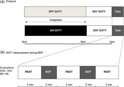 Figure 1. Experimental design. (A) Outline of the protocol for before and after night duty. (B) WOT measurement during blood drawing. Participants were instructed to limit movements three minutes before actual performance of blood drawing. Blood drawing procedure was performed twice, which was followed by a three-minute rest period. Participants were requested to perform the experiment both before and after night duty.BDP: Blood drawing procedure; ESS: Epworth sleepiness scale; VAS: Visual analogue scale for self-perceived fatigue; BP: Blood pressure; HR: Heart rate; WOT: Wearable optical topography.