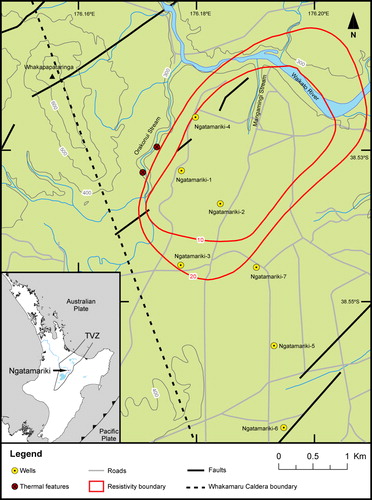 Figure 1 Map showing the location of the Ngatamariki Geothermal Field (NGF), with wells Ngatamariki-5 (NM5) and Ngatamariki-6 (NM6) in the south of the field. The approximate near surface (c. 500 m) extent of the hydrothermal system is marked by the 10 and 20 ohm resistivity contours from Stagpoole et al. (Citation1985). Mapped faults are from Leonard et al. (Citation2010), and the Whakamaru caldera boundary is the approximate boundary as proposed by Wilson et al. (Citation1986).