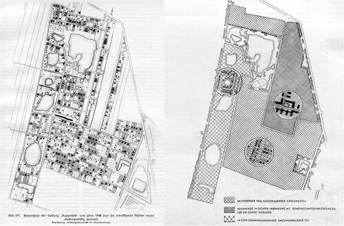 Figure 10. Reform concept for the ‘Rustenfeld’ settlement. Source: Brunner ‘Stadtplanung für Wien: Bericht an den Gemeinderat der Stadt Wien.’ 1952, left ‘Gemengesiedlung’: p. 195, right (reform concept): p. 196.