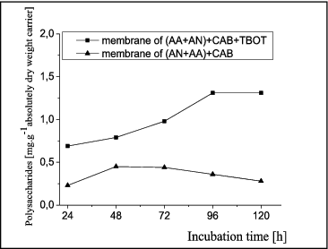 Figure 2. Kinetics of polysaccharides production by A. oxydans 1388 biofilms formed on different matrices: (AN + AA) + CAB and (AN + AA) + CAB + TBOT.