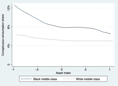 Figure 1: Conspicuous consumption shares of black and white middle-class households by asset index