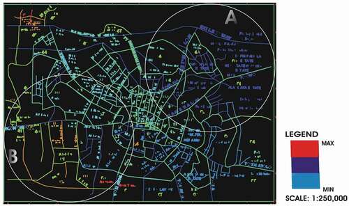 Figure 3. Axial map of the pedestrian network for the new urbanist area, ‘A’ and the core area, ‘B’; the highest control lines are shown in red and the lower control lines are blue and the lowest lines are shown in sky blue.)