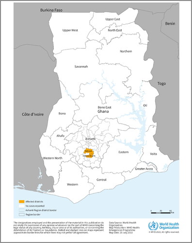 Figure 1. This Figure describes the geographical of the institutes that received the report, region of the two confirmed cases of Marburg virus disease reported in Ghana, as of 20 July 2022 (Adopted from WHO Citation2022b).