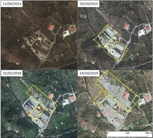 Figure 1. Expansion of Moria irregular accommodation (Lesvos). The yellow boxes illustrate structural expansions between each year. The Greek government has announced the closure of this structure which will be replaced by a new one capable of hosting 5000 people initially. The satellite imagery belongs to Maxar technologies and was acquired through Google Earth.