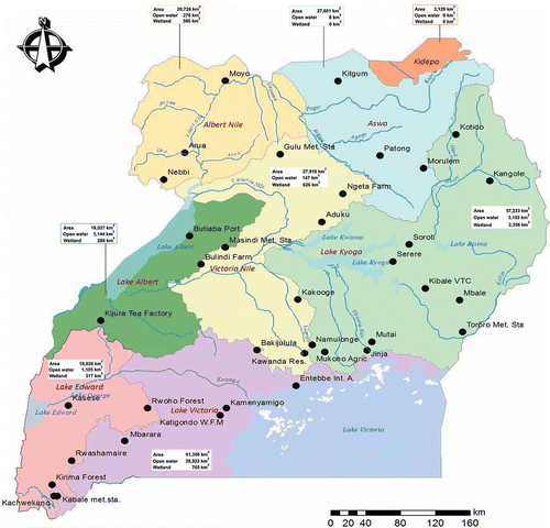 Fig. 1 Map of Uganda showing the distribution of observatories and the size of the main drainage sub-basins. Source of original map: MWE (Citation2005).