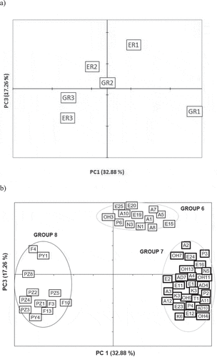 Figure 3. Principal component analysis of the variation of volatile compounds in the dark chocolate samples, (PC1 and PC3): a) score plot b) loading plot. Code of samples: origin (E = Ecuador and G = Ghana) and roasting time (R1 = 30.5 minutes; R2 = 34.5 minutes and R3 = 38.5 minutes). Identification of volatile compounds in Table 1.Figura 3. Análisis de componentes principales de la variación de compuestos volátiles en las muestras de chocolate negro, (PC1 y PC3): a) score plot b) loading plot. Código de muestras: origen (E = Ecuador y G = Ghana) y tiempo de tostado (R1 = 30,5 minutos; R2 = 34,5 minutos y R3 = 38,5 minutos). Identificación de compuestos volátiles en la Tabla 1