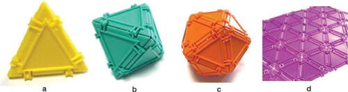 Fig. 1 The complexes (a) X3, (b) X4, (c) X5, (d) part of X6. Note that for n≥6,, Xn is infinite. All models made from Geometiles®.