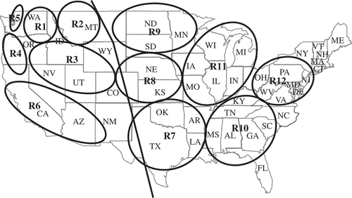 Fig. 2 Epidemiological regions of stripe rust of wheat, caused by Puccinia striiformis f. sp. tritici, in the United States and Canada (see Line & Qayoum (Citation1992) for details). The previous region 7 (separated from other regions in the west by the line along the Rocky Mountains) is divided into regions 7 to 12. Region 1 (R1) = eastern Washington, northeastern Oregon, and northern Idaho; R2 = western Montana and southern Alberta, Canada; R3 = southern Idaho, southeastern Oregon, northern Nevada, northern Utah, western Wyoming, and western Colorado; R4 = western Oregon and northern California; R5 = northwestern Washington and southwestern British Columbia, Canada; R6 = central and southern California, Arizona, and western New Mexico; and R7 = Texas, Louisiana, Arkansas, Oklahoma, and eastern New Mexico; R8 = Kansas, Nebraska, and eastern Colorado; R9 = South Dakota, North Dakota, Minnesota, eastern Montana, and southern Manitoba and southern Saskatchewan, Canada; R10 = Mississippi, Alabama, Florida, Georgia, South Dakota, North Dakota, Tennessee, and Kentucky; R11 = Missouri, Illinois, Indiana, Iowa, Wisconsin, Michigan, and Ontario, Canada; and R12 = Virginia, West Virginia, Ohio, Maryland, Pennsylvania and New York.