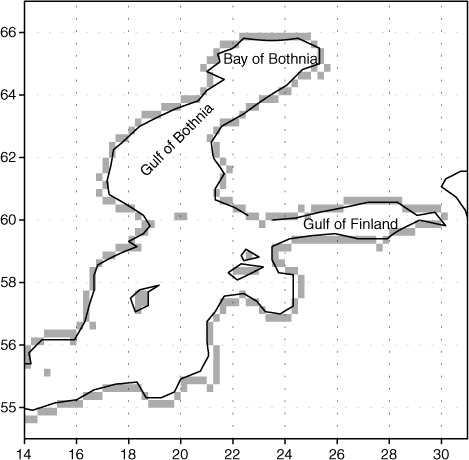 Fig. 3 The coastal grid points in the E-OBS gridded data set for the observational air temperatures. The positions of three of the sub-basins of the Baltic Sea are shown: the Bay of Bothnia, the Gulf of Bothnia and the Gulf of Finland.