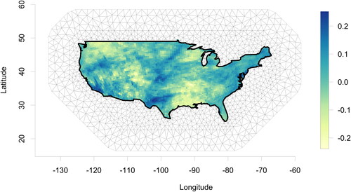 Fig. 2 Average summer precipitation residuals (in cm) for 1979 and the FEM mesh.