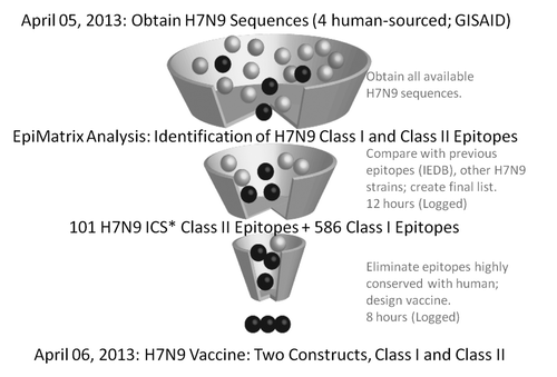 Figure 2. We applied the genome-to-vaccine approach to developing an epitope-based vaccine for avian H7N9 influenza. The design project started on April 5, 2013 and was completed 20 h later. For vaccine production, the genome-derived vaccine sequences would be sent by secure email to a plasmid DNA production facility to manufacture a DNA vaccine (Step 2); following scale-up and production, the vaccine would be distributed in a microneedle patch or another easy-to-distribute formulation (Step 3/4). *ICS = immunogenic consensus sequences.Citation7