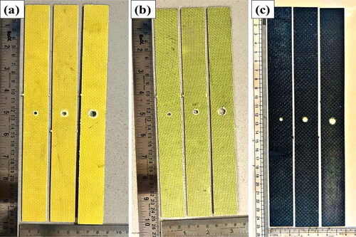 Figure 4. OHT specimens (a) AFRP, (b) ABFRP, and (c) BFRP for three different hole diameters of 4 mm, 6 mm, and 8 mm respectively.